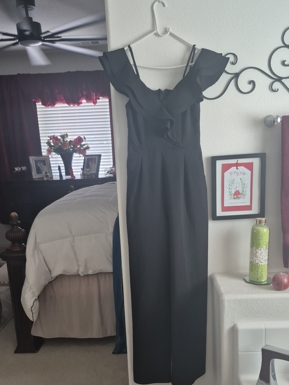 Main Strip Black Shoulder Ruffle Jumpsuit